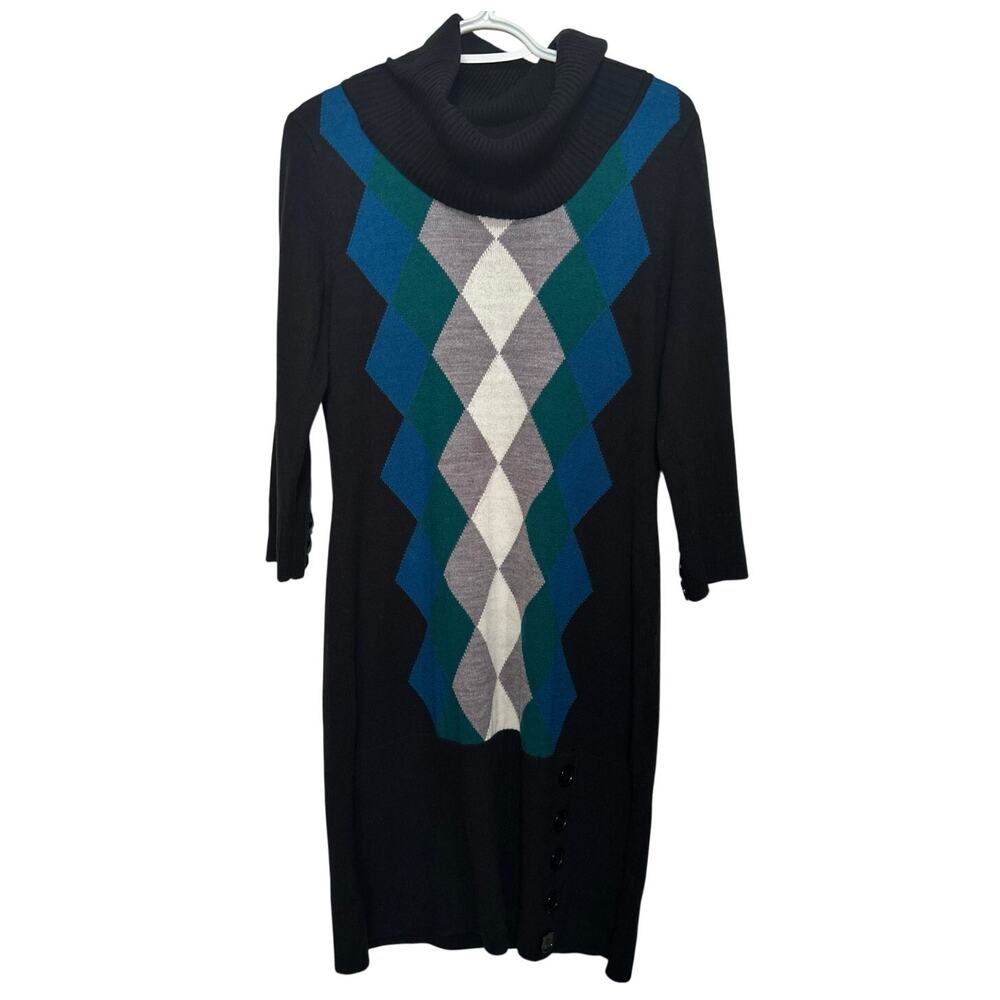 Sandra Darren Women's Black Gray Blue Long Sleeve Cowl Neck Sweater Dress Size L